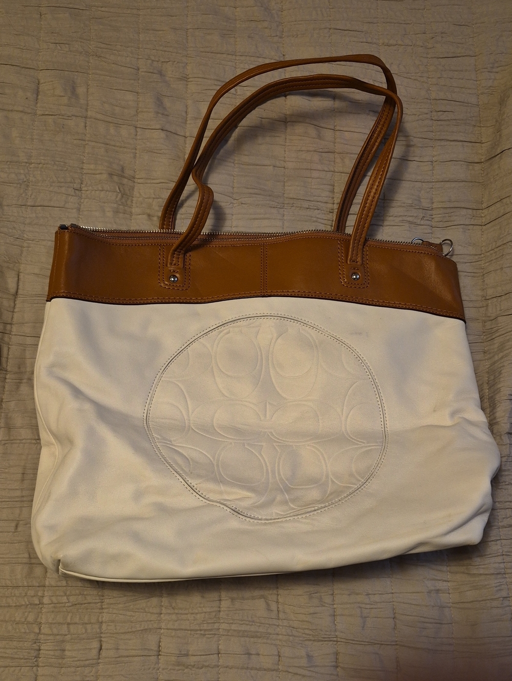 Coach White Canvas Tote with Tan Leather Trim